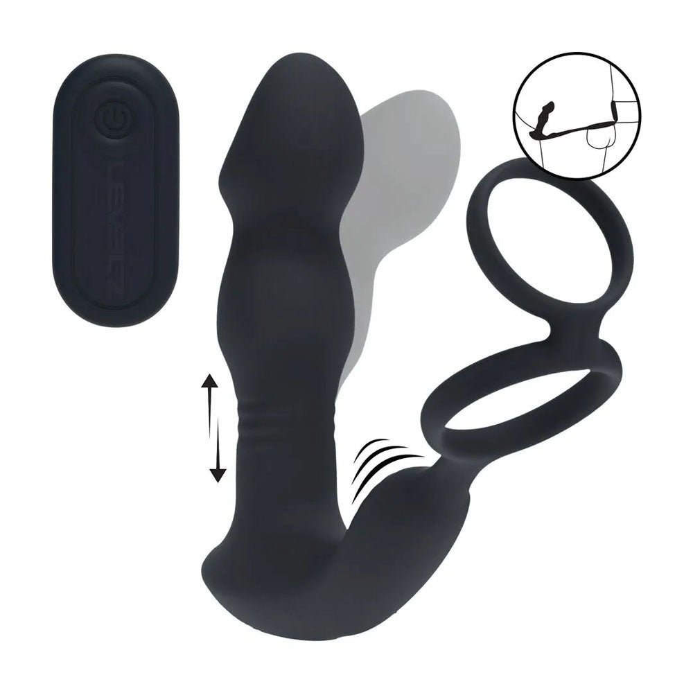 LEVELZ Remote Controlled Prostate Stimulator with Cock Ring - Black USB Rechargeable Vibrating Thrusting Prostate Massager with Cock Ring - Silk and Sin