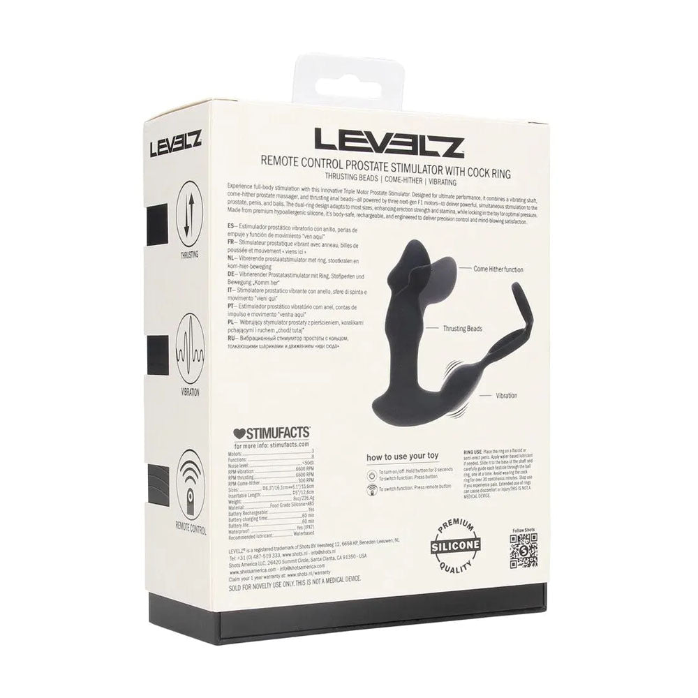 LEVELZ Remote Controlled Prostate Stimulator with Cock Ring - Black USB Rechargeable Vibrating Thrusting Prostate Massager with Cock Ring - Silk and Sin