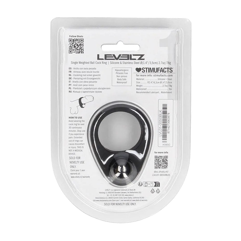 LEVELZ Single Weighted Ball Cock Ring - Black - Black Weighted Cock Ring - Silk and Sin