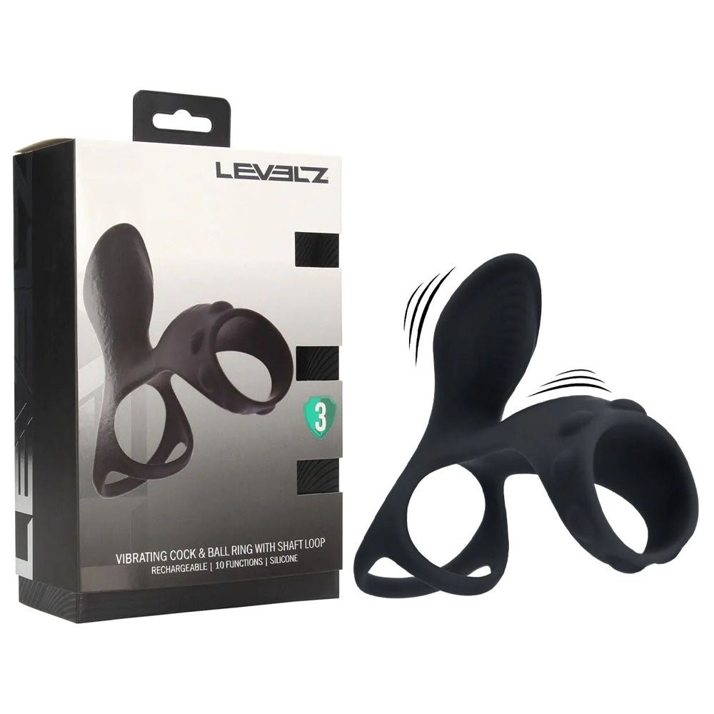 LEVELZ Vibrating Cock & Ball Ring with Shaft Loop - Black USB Rechargeable Vibrating Cock & Ball Rings - Silk and Sin