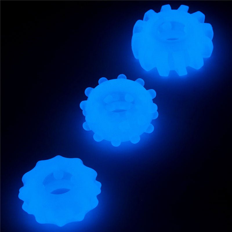 Lumino Play Penis Rings 3 Pack - Glow in the Dark Blue Cock Rings - Set of 3 - Silk and Sin