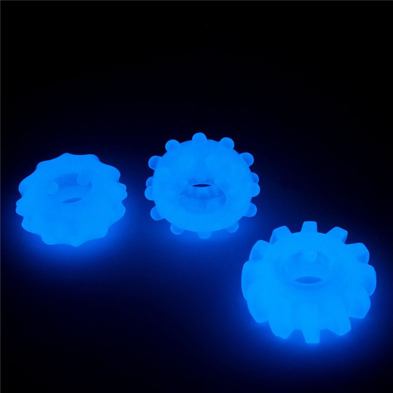 Lumino Play Penis Rings 3 Pack - Glow in the Dark Blue Cock Rings - Set of 3 - Silk and Sin