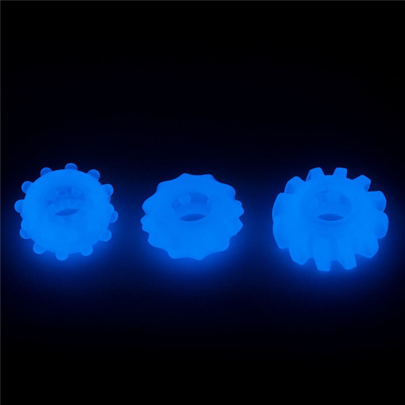 Lumino Play Penis Rings 3 Pack - Glow in the Dark Blue Cock Rings - Set of 3 - Silk and Sin