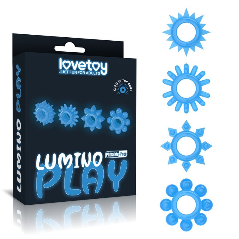 Lumino Play Penis Rings 4 Pack - Glow in the Dark Blue Cock Rings - Set of 4 - Silk and Sin