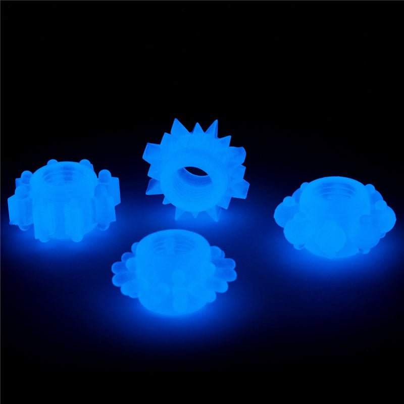Lumino Play Penis Rings 4 Pack - Glow in the Dark Blue Cock Rings - Set of 4 - Silk and Sin