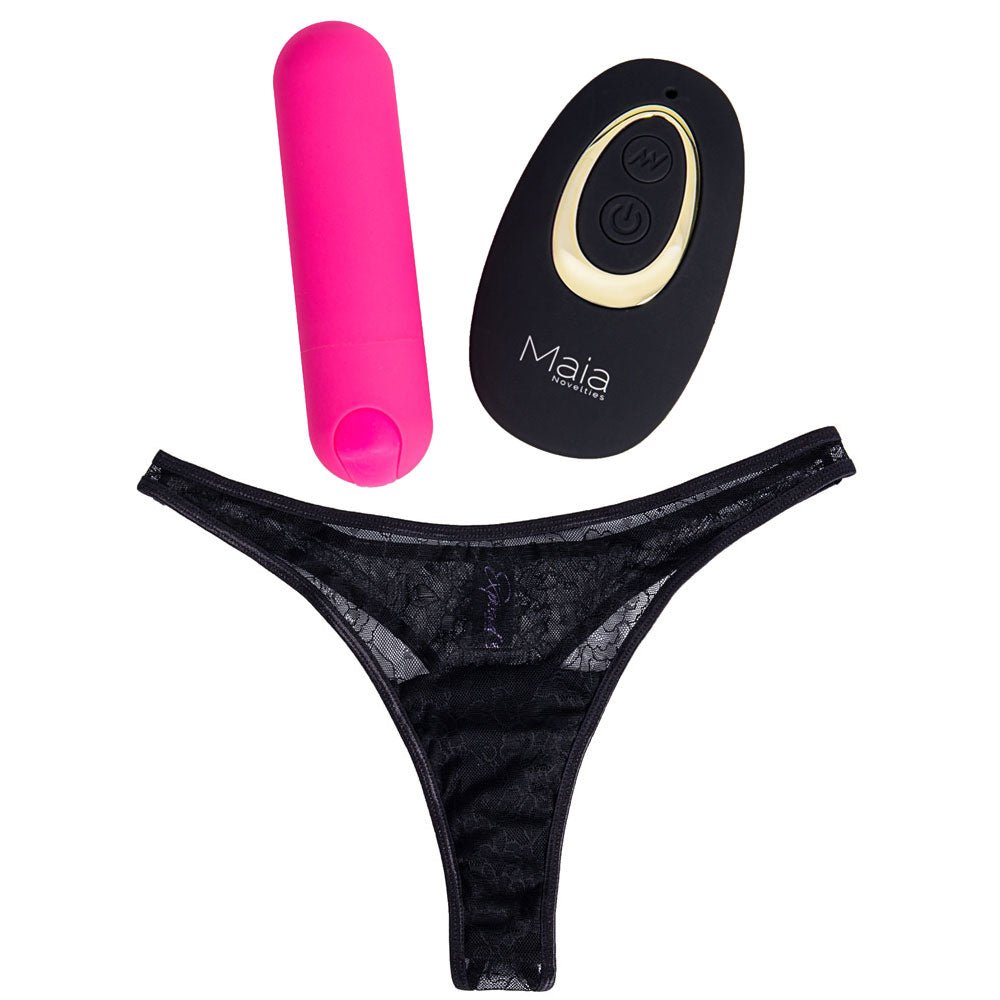 Maia DATE NIGHT PANTY VIBE - L/XL - Black L/XL Panty with Pink USB Rechargeable Bullet & Remote - silkandsin