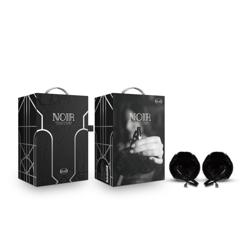 Noir Pom Adjustable Nipple Clamps - Black Furry Nipple Clamps - Silk and Sin