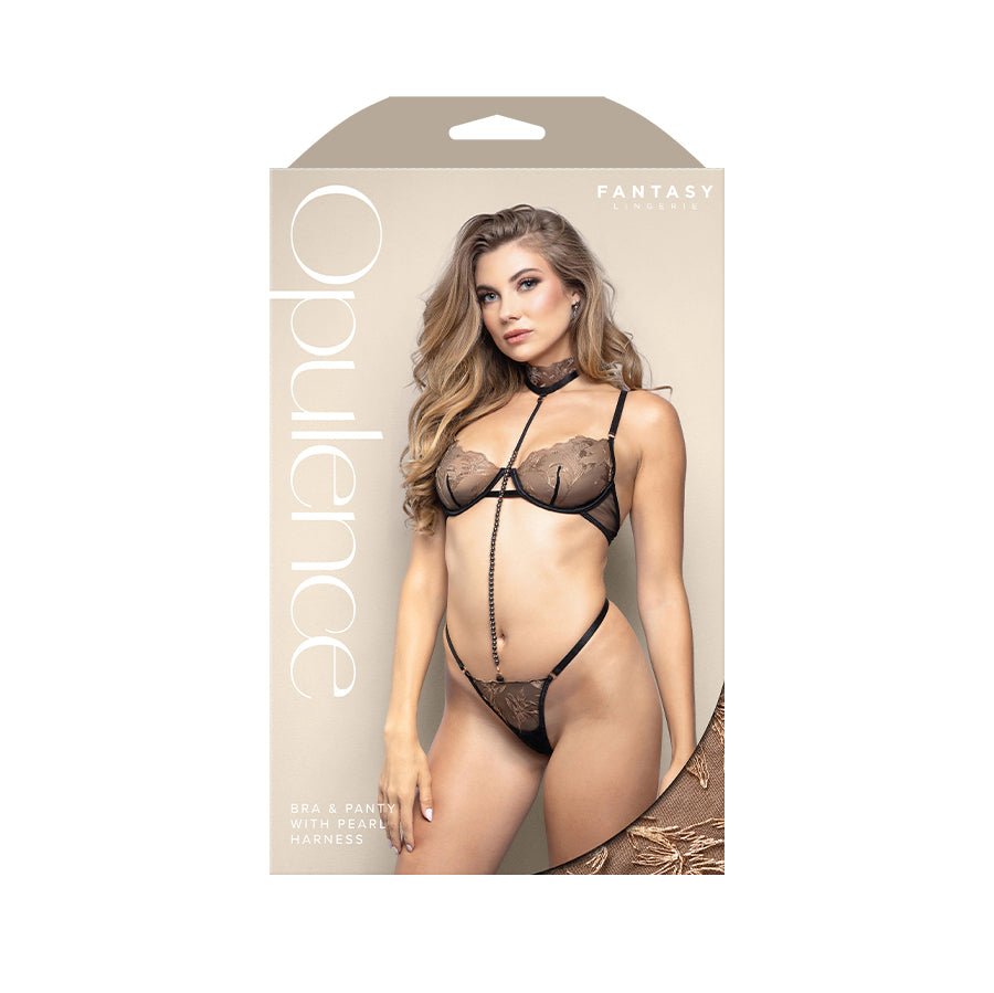 OPULENCE Bra & Panty with Pearl Harness ML - Black - M/L Size - Silk and Sin