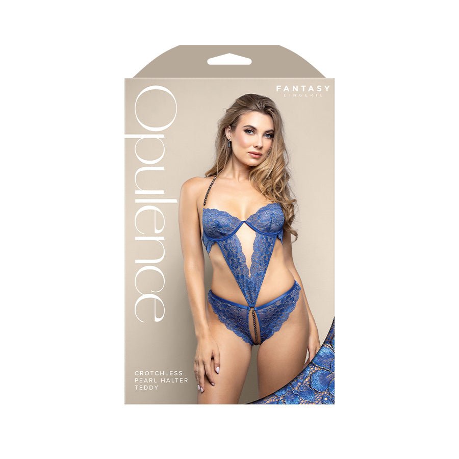 OPULENCE Crotchless Pearl Halter Teddy SM - Royal Blue - S/M Size - Silk and Sin