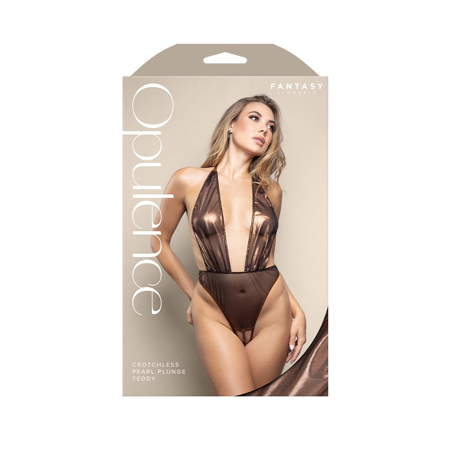 OPULENCE Crotchless Pearl Plunge Teddy ML - Chocolate - M/L Size - Silk and Sin