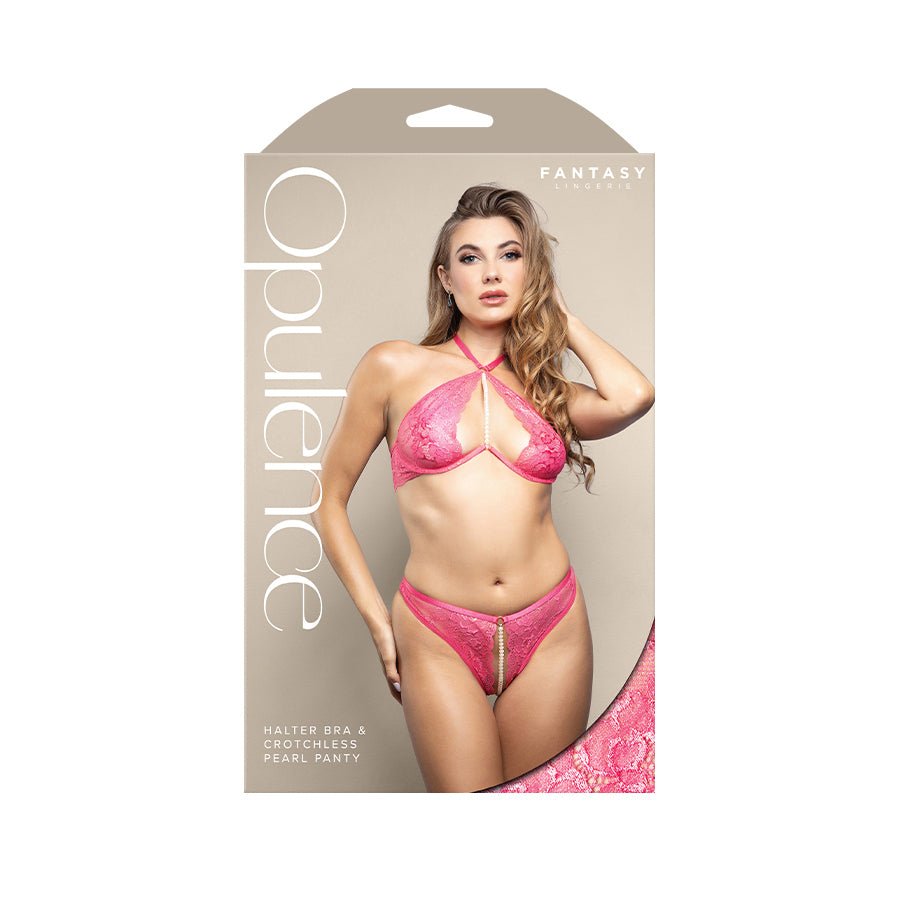 OPULENCE Halter Bra & Crotchless Pearl Panty SM - Pink - S/M Size - Silk and Sin