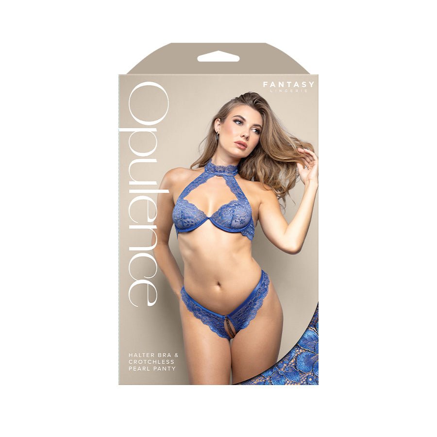 OPULENCE Halter Bralette & Crotchless Pearl Panty ML - Royal Blue - M/L Size - Silk and Sin