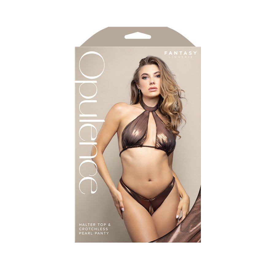 OPULENCE Halter Top & Crotchless Pearl Panty ML - Chocolate - M/L Size - Silk and Sin