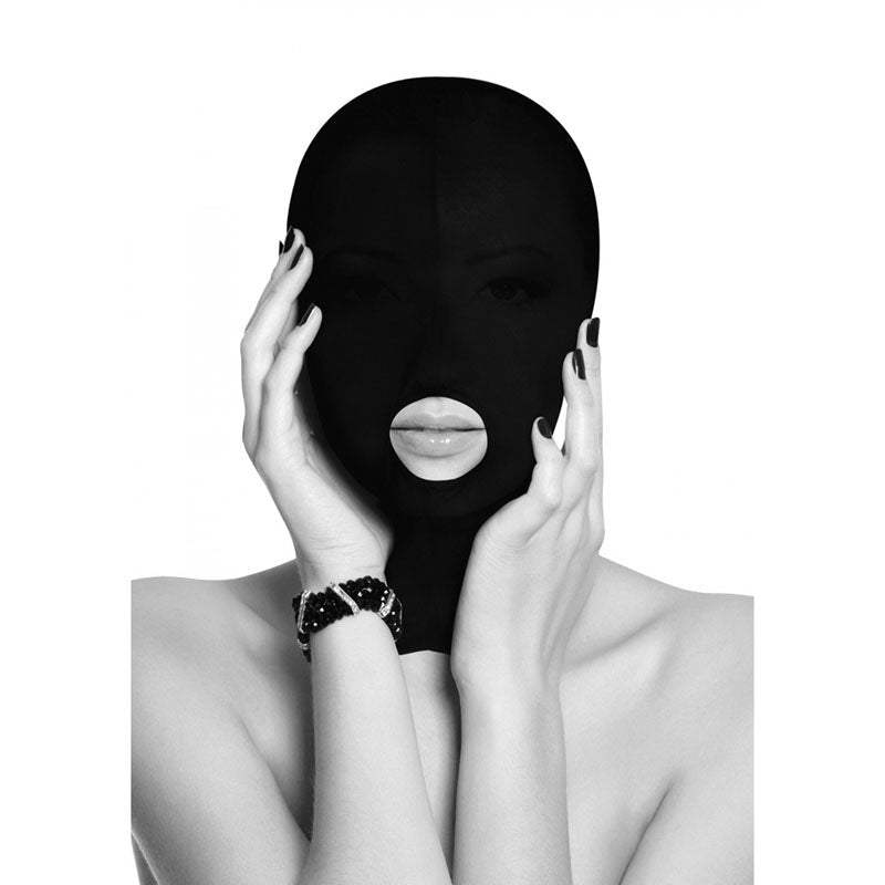 OUCH! Black & White Submission Mask - Black Hood Mask - Silk and Sin