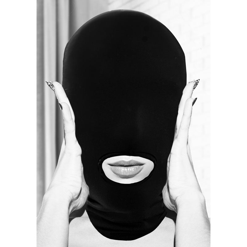 OUCH! Black & White Submission Mask - Black Hood Mask - Silk and Sin