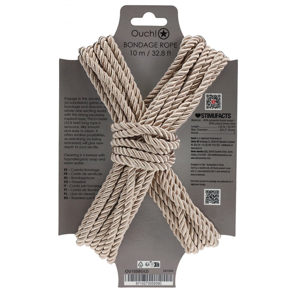 OUCH! Bondage Rope - 10 M - Gold - Gold Nylon Bondage Rope - 10 metre Length - Silk and Sin