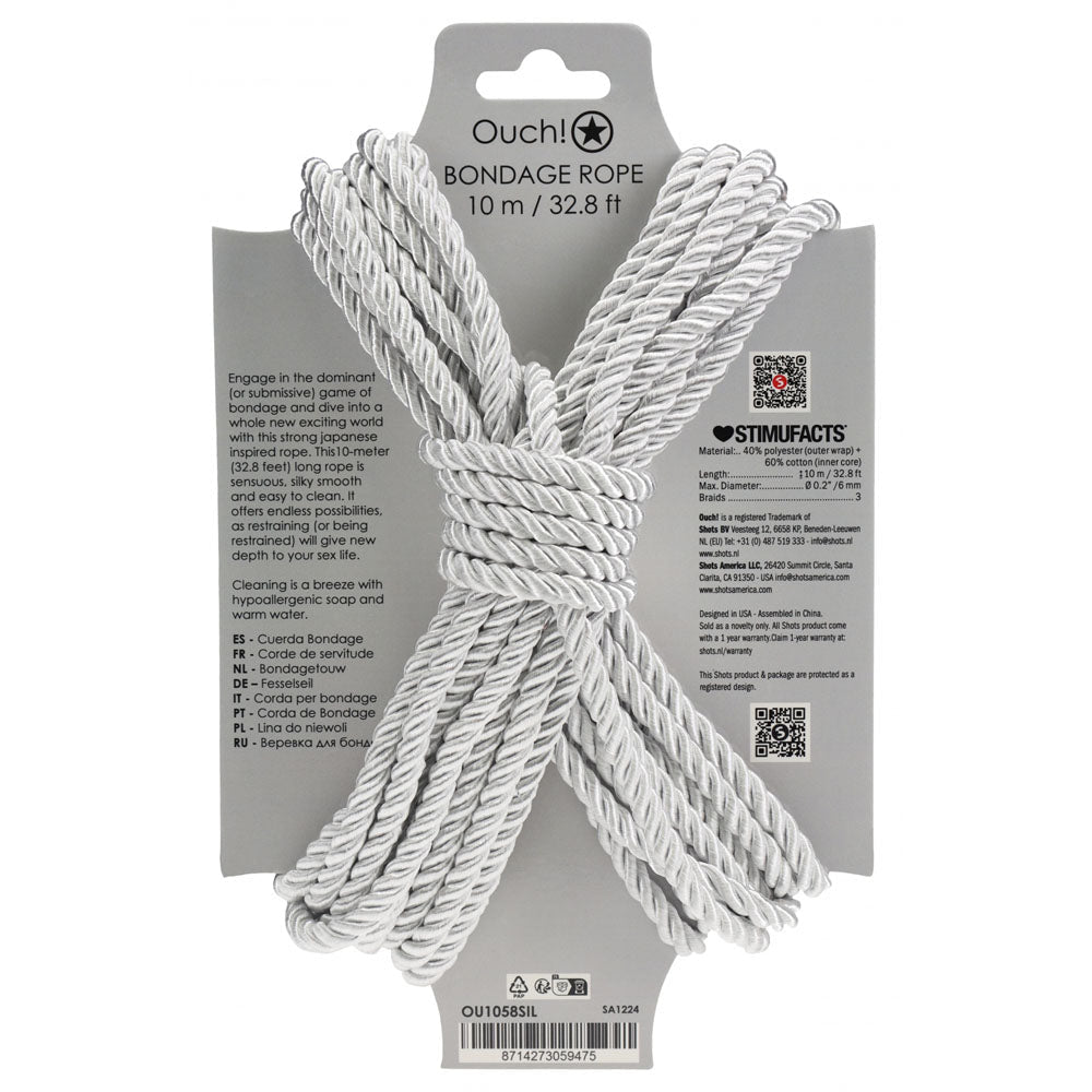 OUCH! Bondage Rope - 10 M - Silver - Silver Nylon Bondage Rope - 10 metre Length - Silk and Sin
