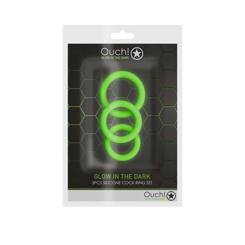 OUCH! Glow In The Dark Cock Ring Set - Glow in Dark Cock Rings - Set of 3 Sizes - silkandsin