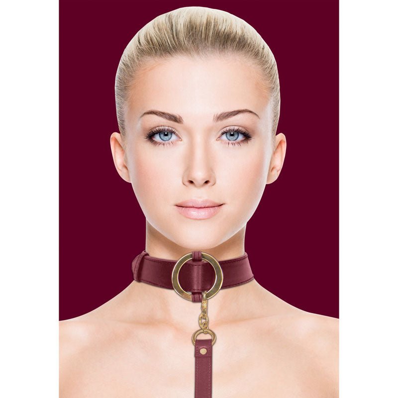 OUCH! Halo - Collar With Leash - Burgundy Restraint - silkandsin