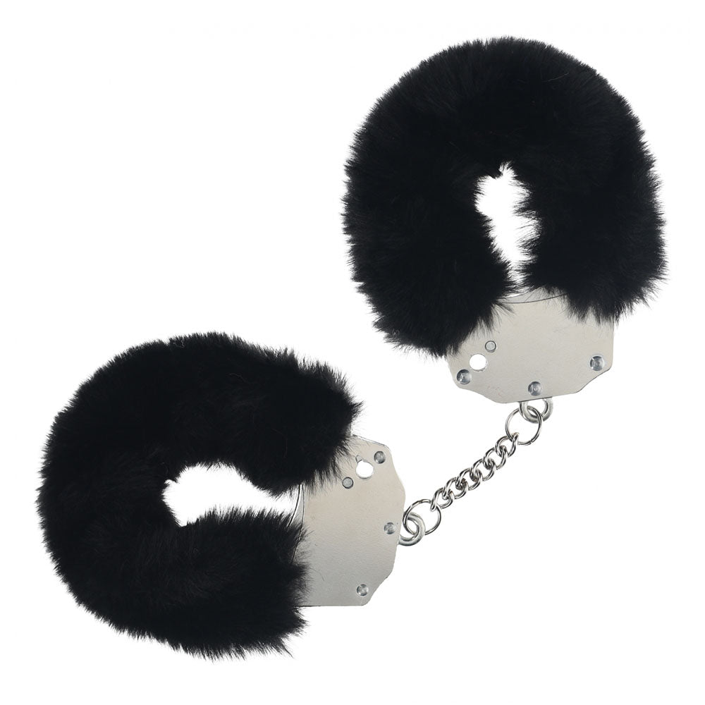 OUCH! Heavy-Duty Fluffy Cuffs - Black - Black Fluffy Restraints - Silk and Sin