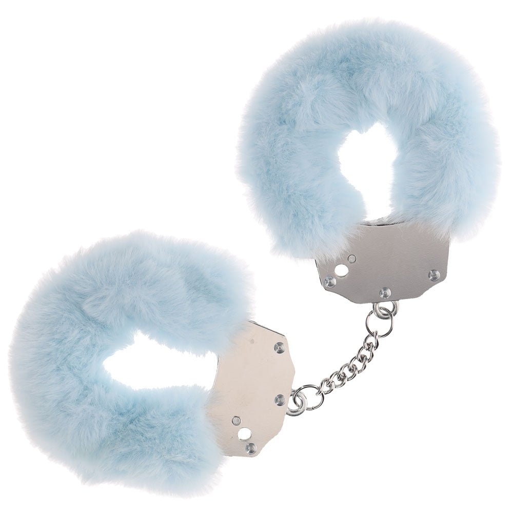 OUCH! Heavy-Duty Fluffy Cuffs - Powder Blue - Powder Blue Fluffy Restraints - Silk and Sin