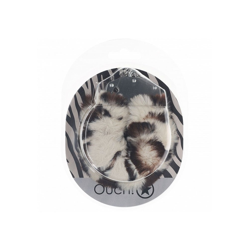 OUCH! Heavy-Duty Fluffy Cuffs - Snow Leopard - Snow Leopard Fluffy Restraints - Silk and Sin