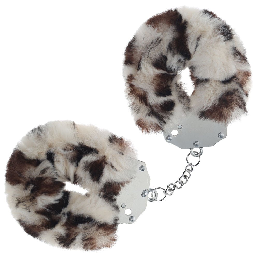 OUCH! Heavy-Duty Fluffy Cuffs - Snow Leopard - Snow Leopard Fluffy Restraints - Silk and Sin