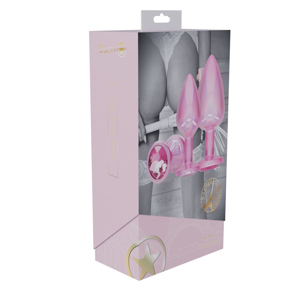 OUCH! Paris Collection - Metal Anal Plug Set - Pink - Metallic Pink Butt Plugs with Gem Bases - Set of 3 Sizes - Silk and Sin
