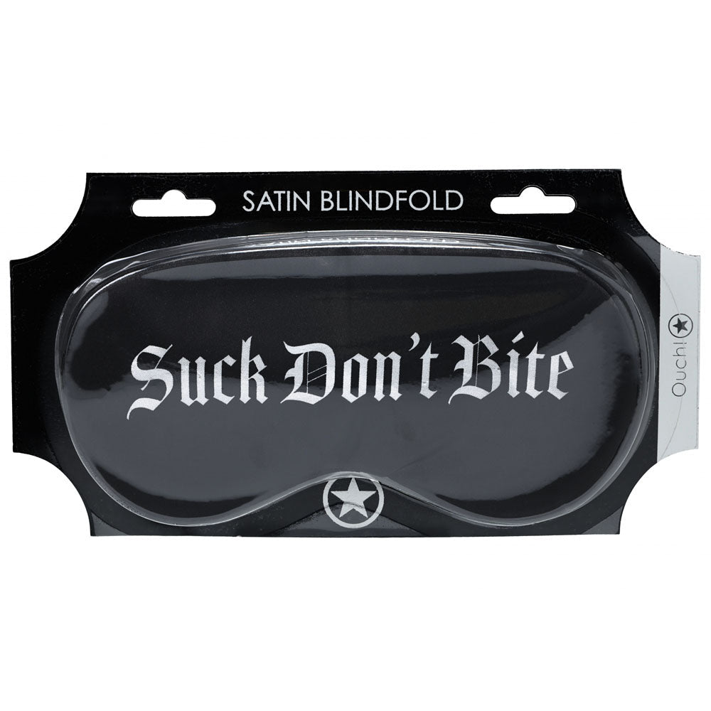 OUCH! Satin Mask - Suck Don't Bite - Black Printed Eye Mask - Silk and Sin
