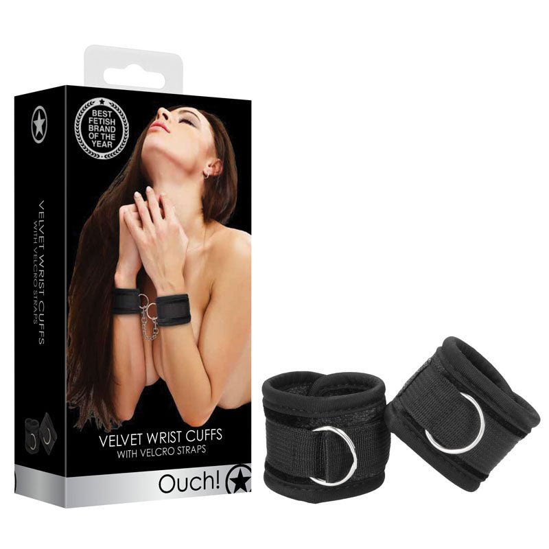 OUCH! Velvet & Velcro Adjustable Handcuffs - Black Restraints - Silk and Sin