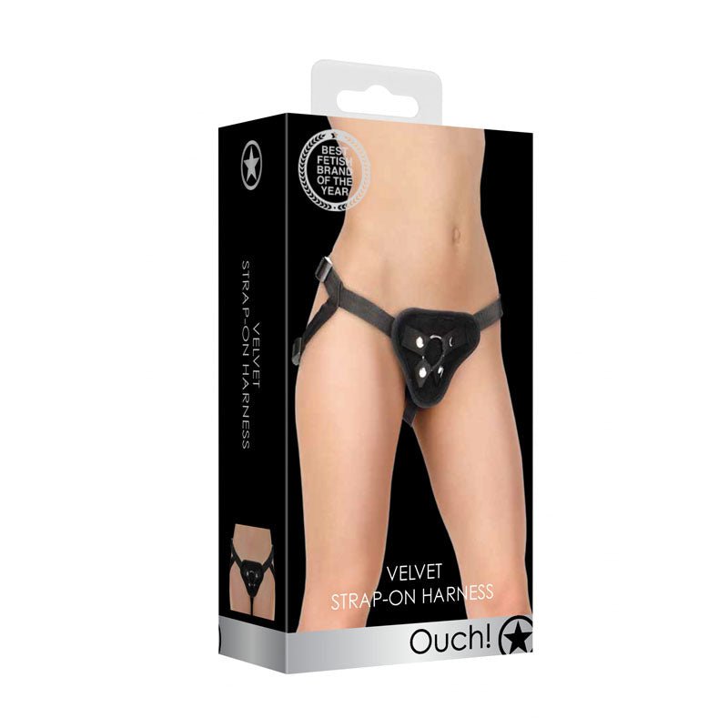 OUCH! Velvet & Velcro Adjustable Harness with O - Ring - Black Strap - On Harness (No Probe Included) - silkandsin