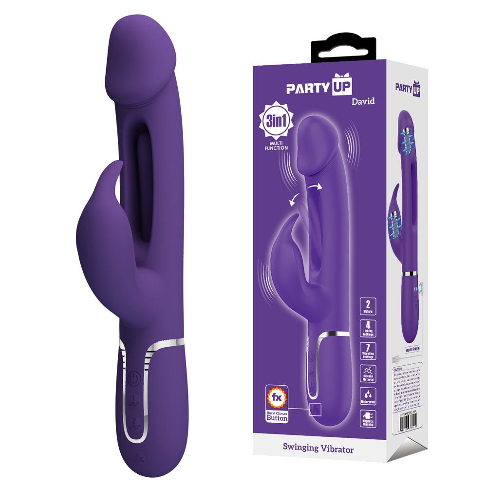 Party Up DAVID Swinging Vibe - Purple - Purple 23.2 cm USB Rechargeable Rabbit Vibrator with Flicking Arm - Silk and Sin