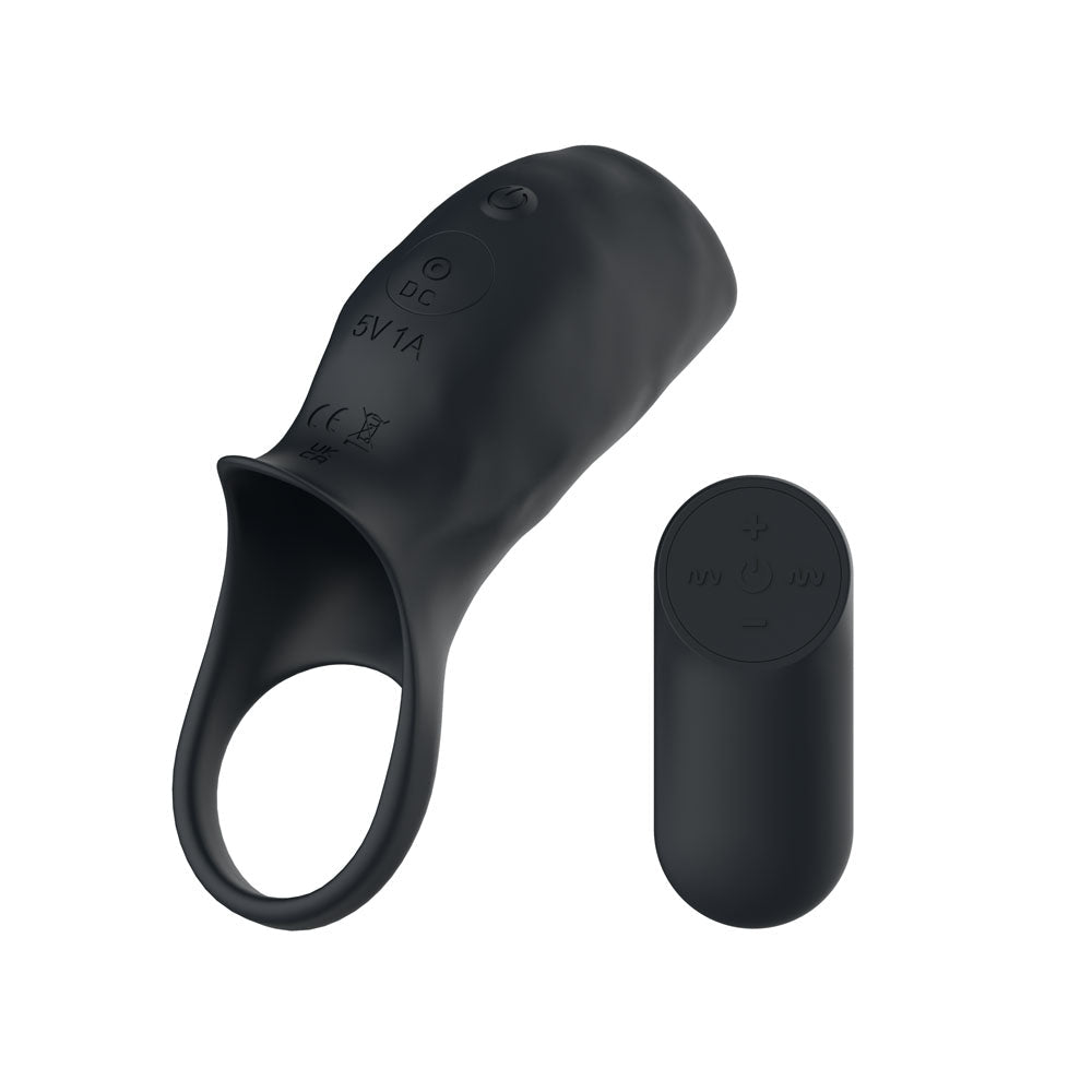 Passion Play Vibrating Cockring Sleeve - Black USB Rechargeable Vibrating Penis Sleeve with Wireless Remote - silkandsin