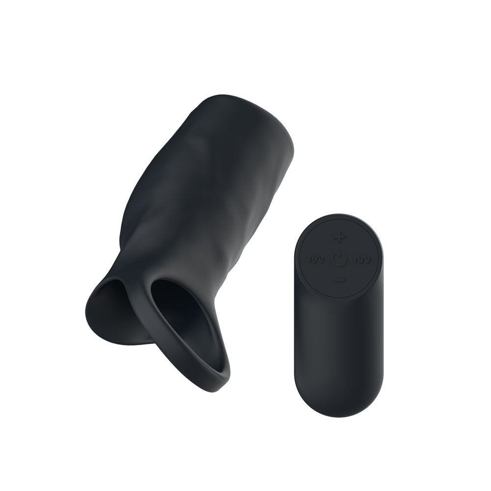 Passion Play Vibrating Cockring Sleeve - Black USB Rechargeable Vibrating Penis Sleeve with Wireless Remote - silkandsin