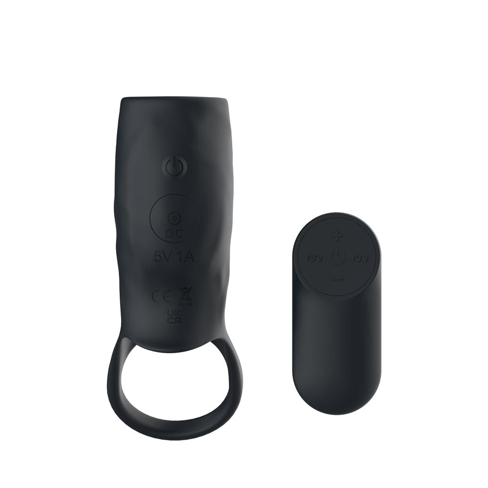 Passion Play Vibrating Cockring Sleeve - Black USB Rechargeable Vibrating Penis Sleeve with Wireless Remote - silkandsin