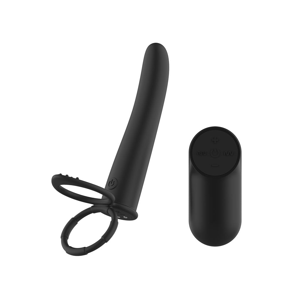 Passion Play Vibrating Double Penetrator with Remote - Black USB Rechargeable Vibrating Double Penetrator Cock Ring with Wireless Remote - Silk and Sin