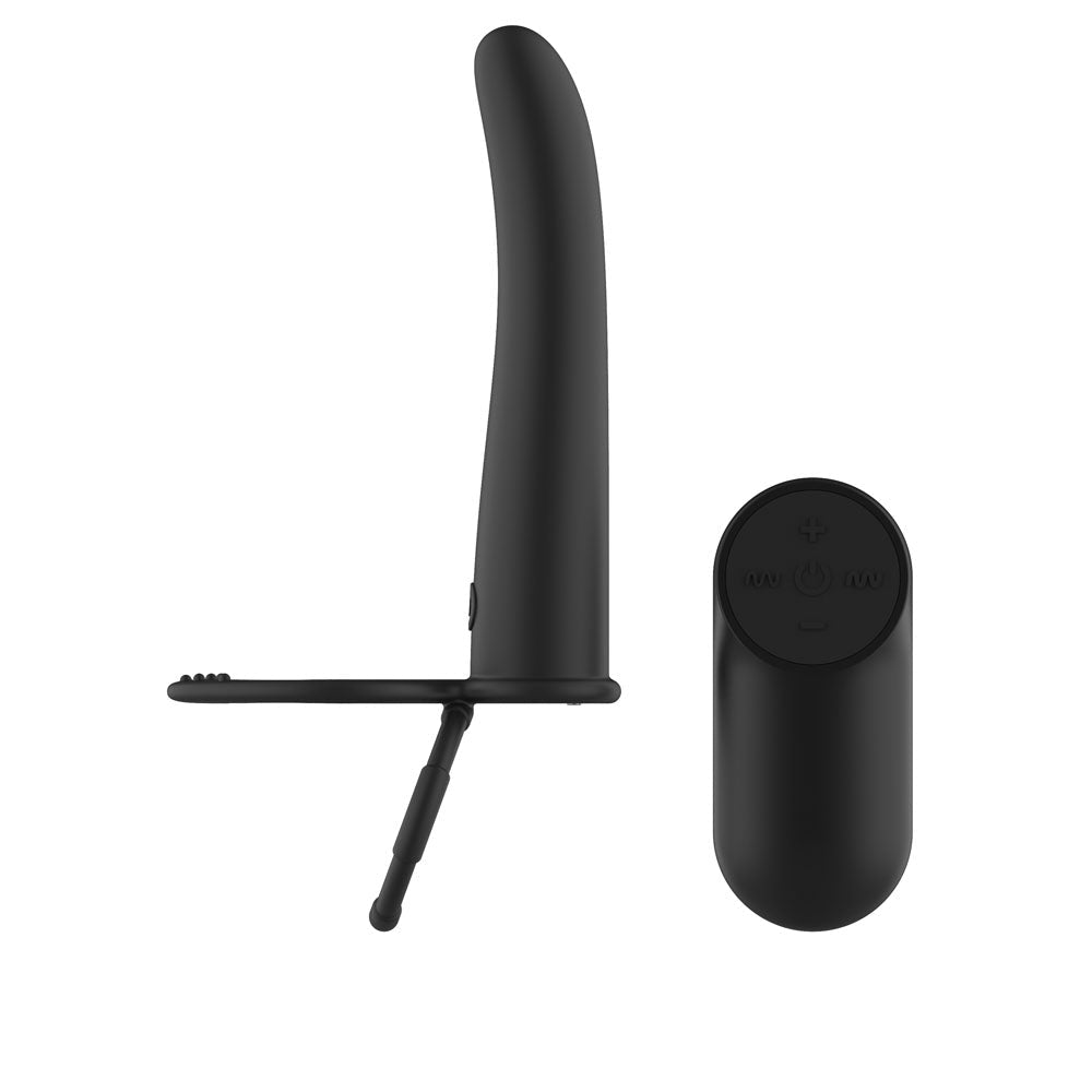 Passion Play Vibrating Double Penetrator with Remote - Black USB Rechargeable Vibrating Double Penetrator Cock Ring with Wireless Remote - Silk and Sin