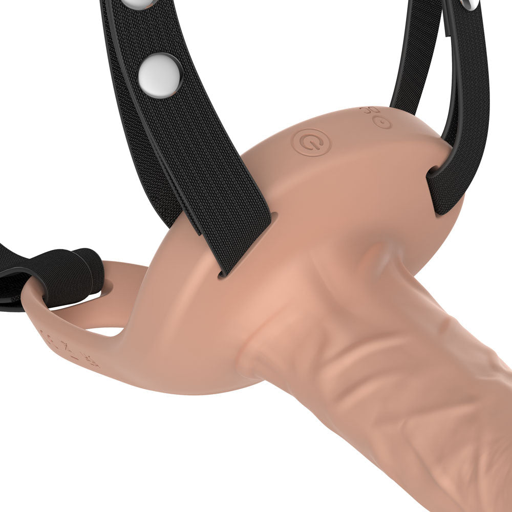 Passion Play Vibrating Realistic Hollow Strap-On - Flesh - Flesh 15.5 cm USB Rechargeable Vibrating Hollow Strap-On with Wireless Remote - Silk and Sin
