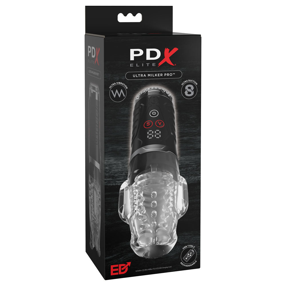 PDX Elite Ultra Milker Pro - Clear USB Rechargeable Vibrating & Sucking Auto Stroker - Silk and Sin