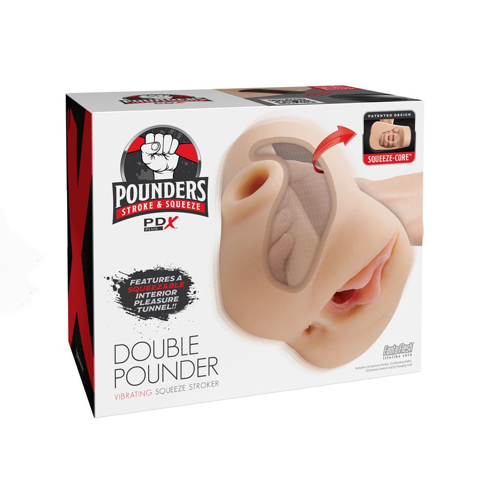PDX Plus Double Pounder Vibrating Squeeze Stroker - Flesh - Flesh USB Rechargeable Vibrating Vagina Stroker - silkandsin