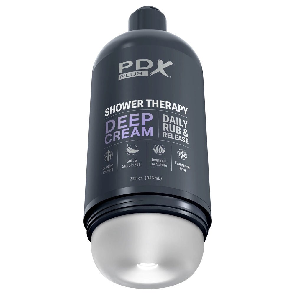 PDX Plus Shower Therapy - Deep Cream - Frosted - Clear Discreet Stroker with Suction Base - silkandsin