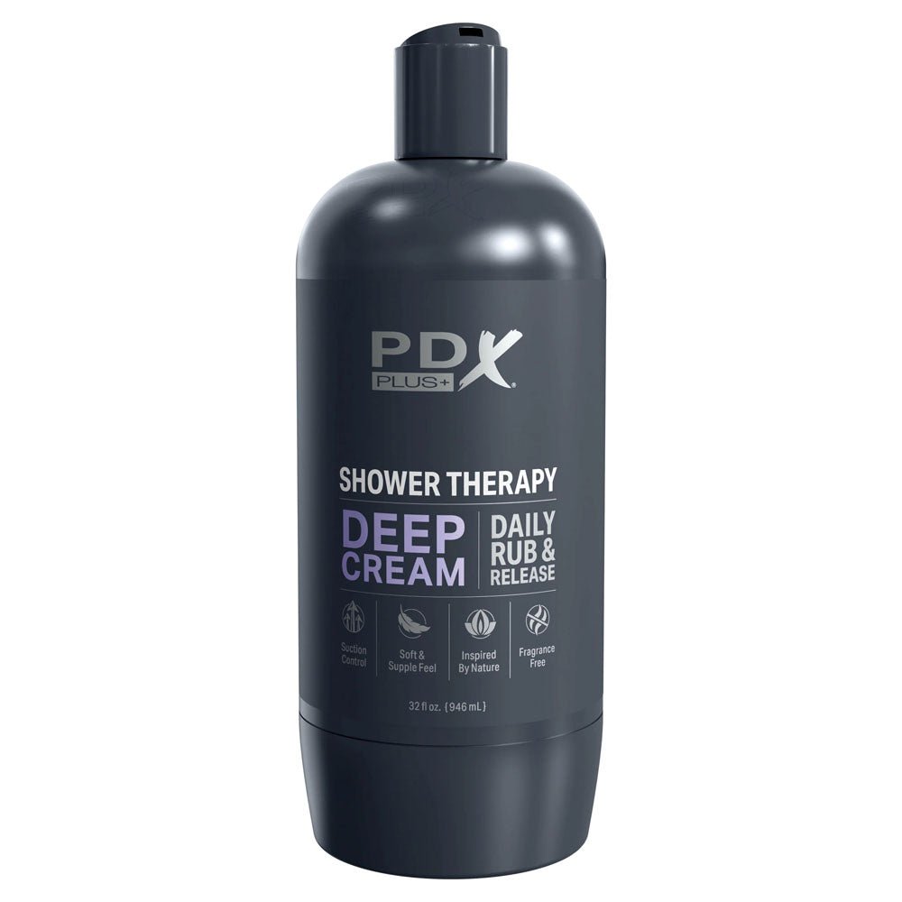 PDX Plus Shower Therapy - Deep Cream - Frosted - Clear Discreet Stroker with Suction Base - silkandsin
