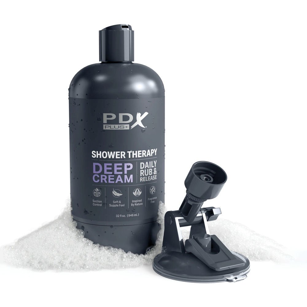 PDX Plus Shower Therapy - Deep Cream - Frosted - Clear Discreet Stroker with Suction Base - silkandsin