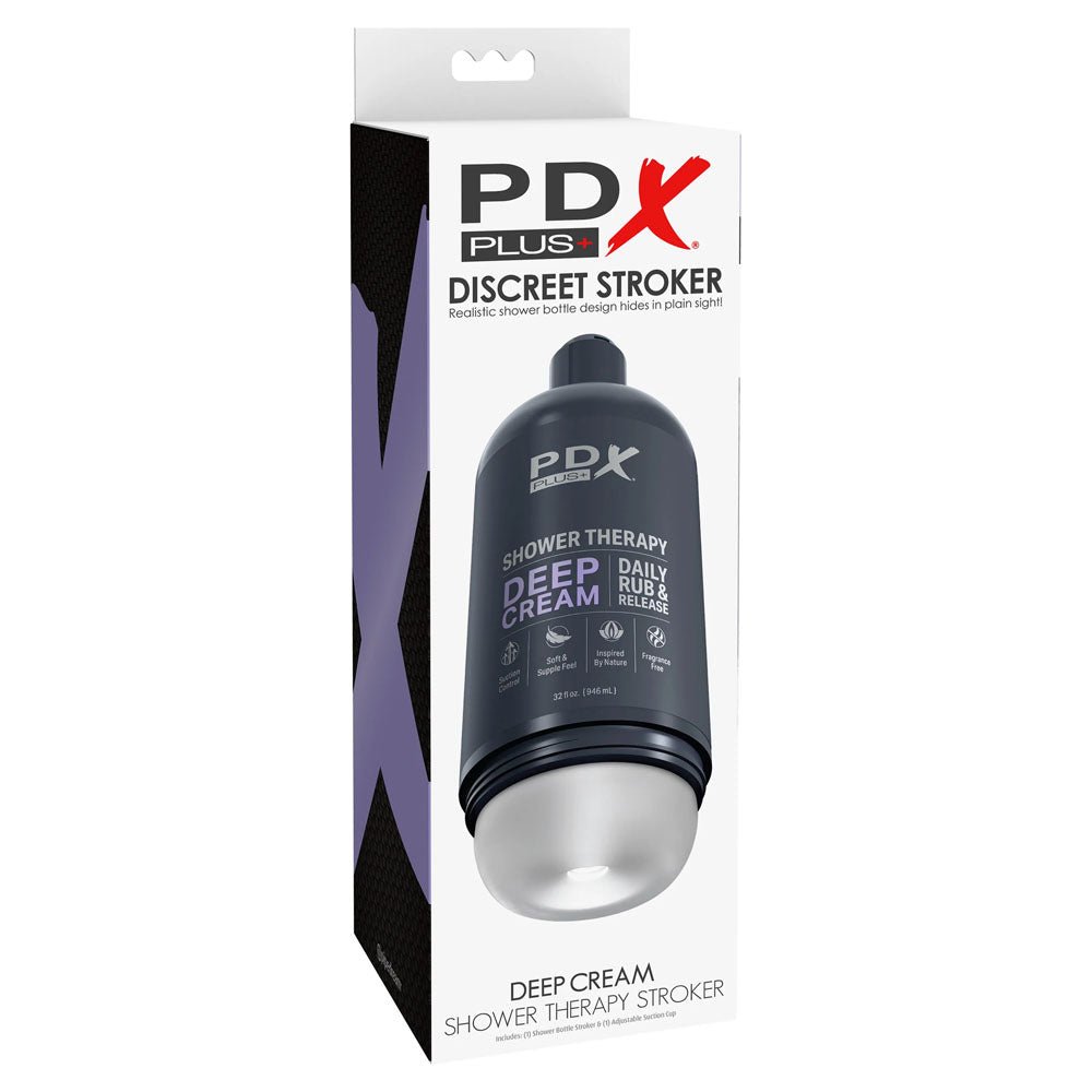 PDX Plus Shower Therapy - Deep Cream - Frosted - Clear Discreet Stroker with Suction Base - silkandsin