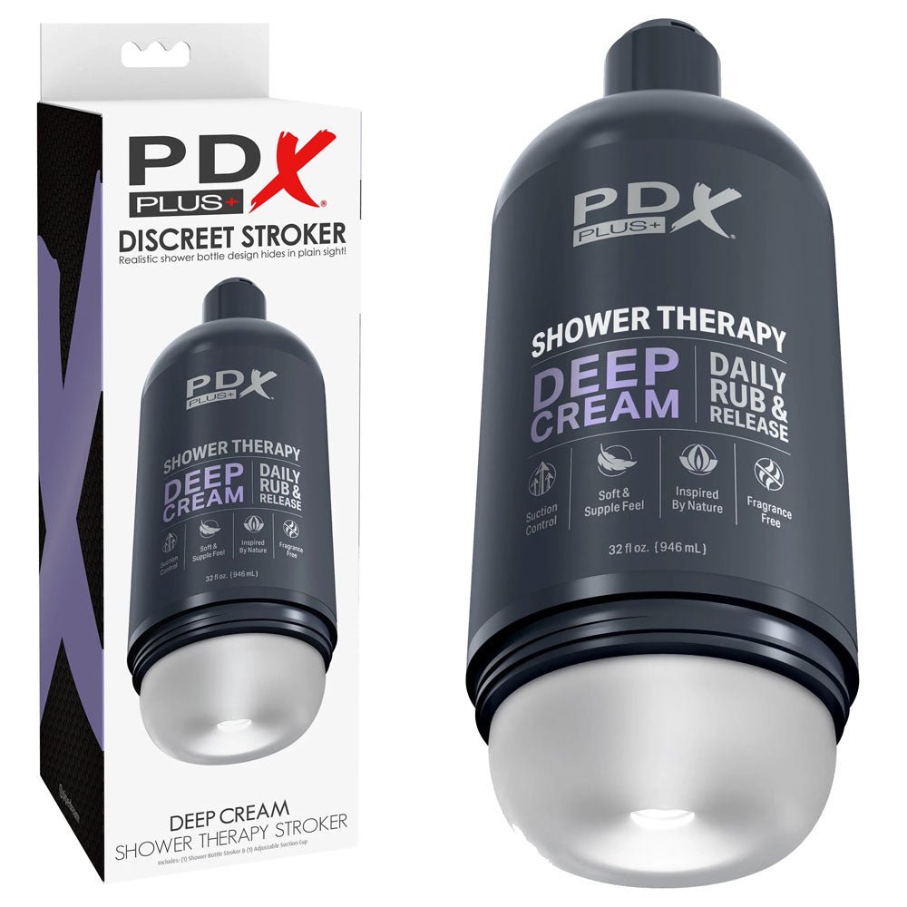 PDX Plus Shower Therapy - Deep Cream - Frosted - Clear Discreet Stroker with Suction Base - silkandsin