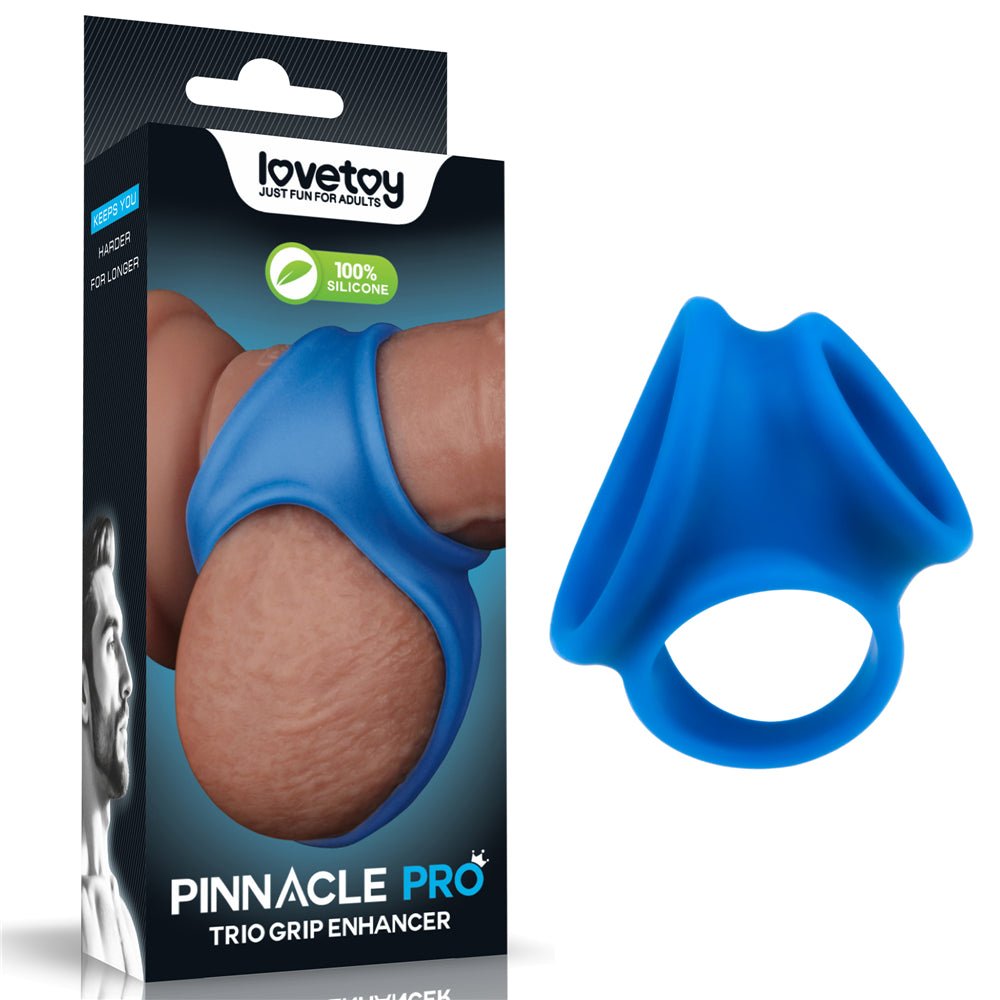 Pinnacle Pro Trio Grip Enhancer - Blue Cock & Balls Ring - Silk and Sin