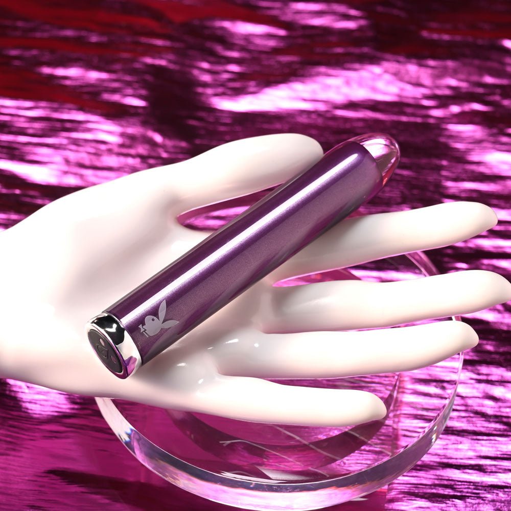 Playboy Pleasure AMETHYST - Purple 12.4 cm USB Rechargeable Glass Tipped Mini Vibrator - silkandsin