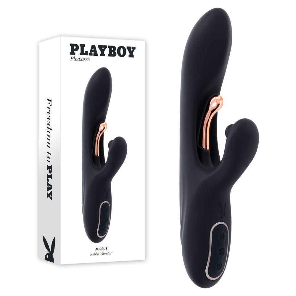 Playboy Pleasure AUREUS - Black 22.7 cm USB Rechargeable Rabbit Vibrator with Internal Flicker - silkandsin