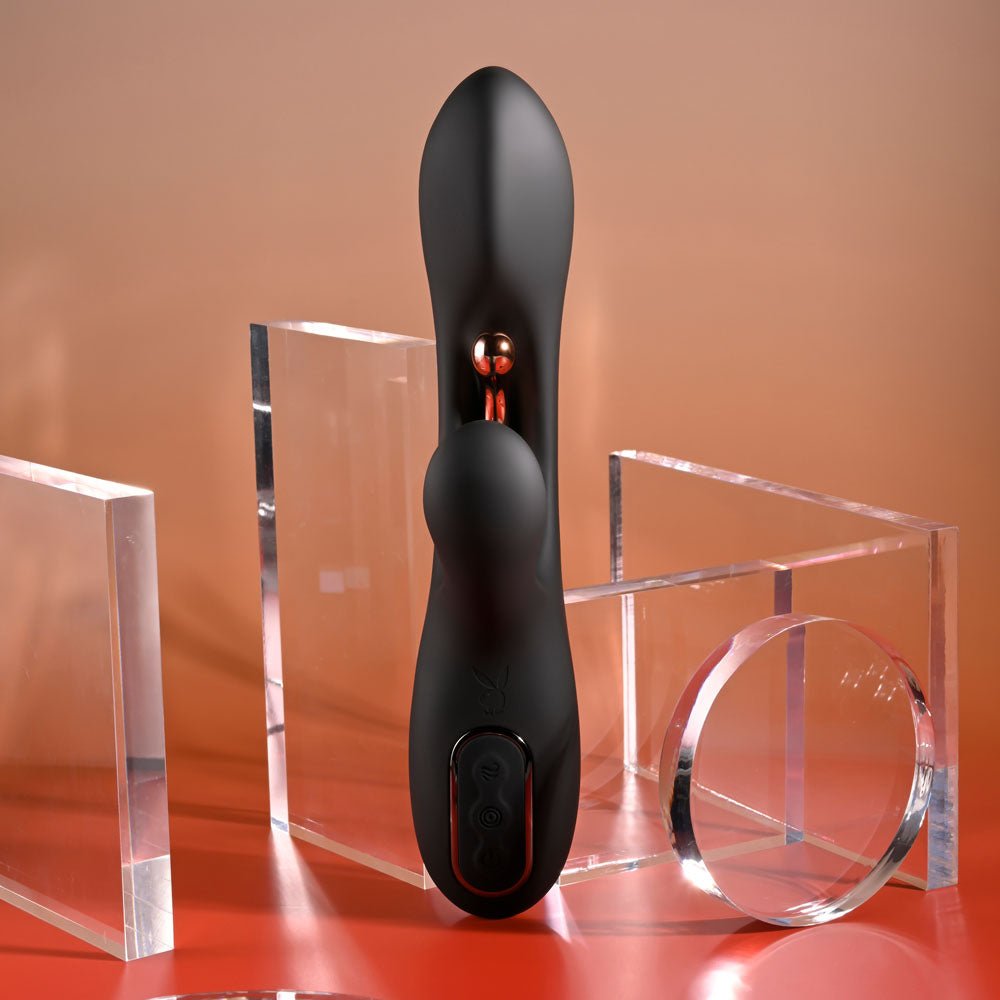 Playboy Pleasure AUREUS - Black 22.7 cm USB Rechargeable Rabbit Vibrator with Internal Flicker - silkandsin