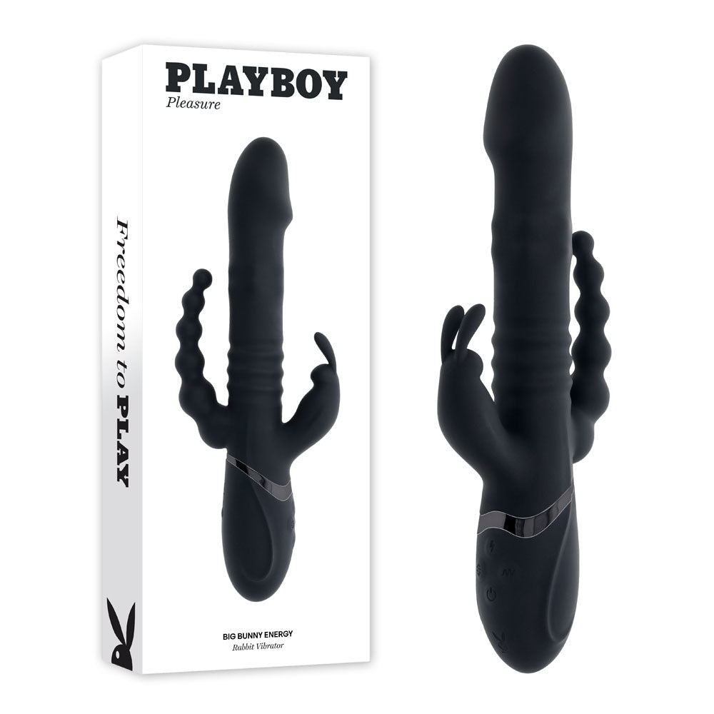 Playboy Pleasure BIG BUNNY ENERGY - Black 26.2 cm USB Rechargeable Rabbit Vibrator with Anal Beads - Silk and Sin